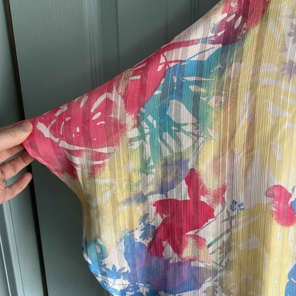 Chicos Tropical Floral Pink Blouse Size 2 US Large Flowy Spring Short Sleeve - Picture 11 of 13